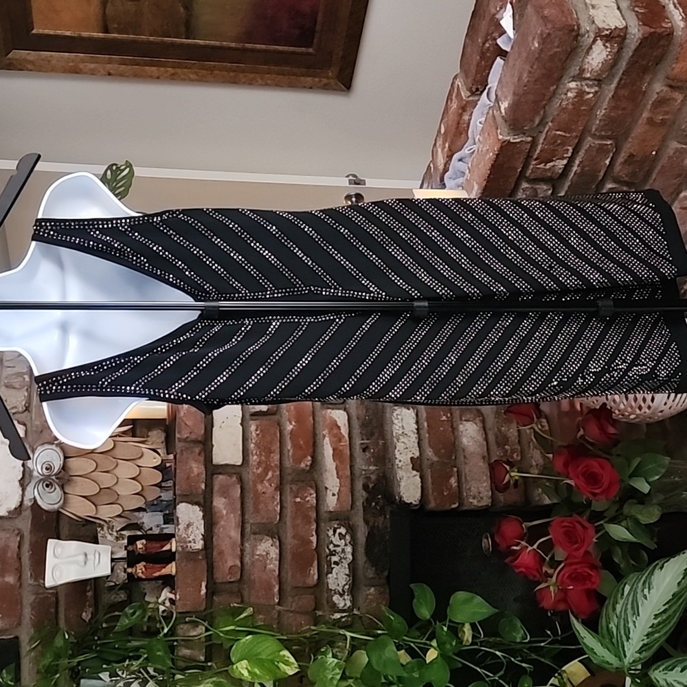 Carmen Marc Valvo Black Midi Dress with Silver Studded Accents - Picture 3 of 11